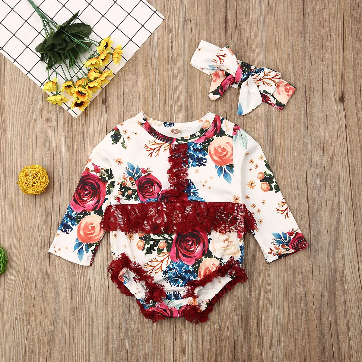 0-24M Floral Lace Bodysuits Newborn Infant Baby Girl Bodysuit Long Sleeve Ruffles Autumn Jumpsuit Headband Clothes Outfits