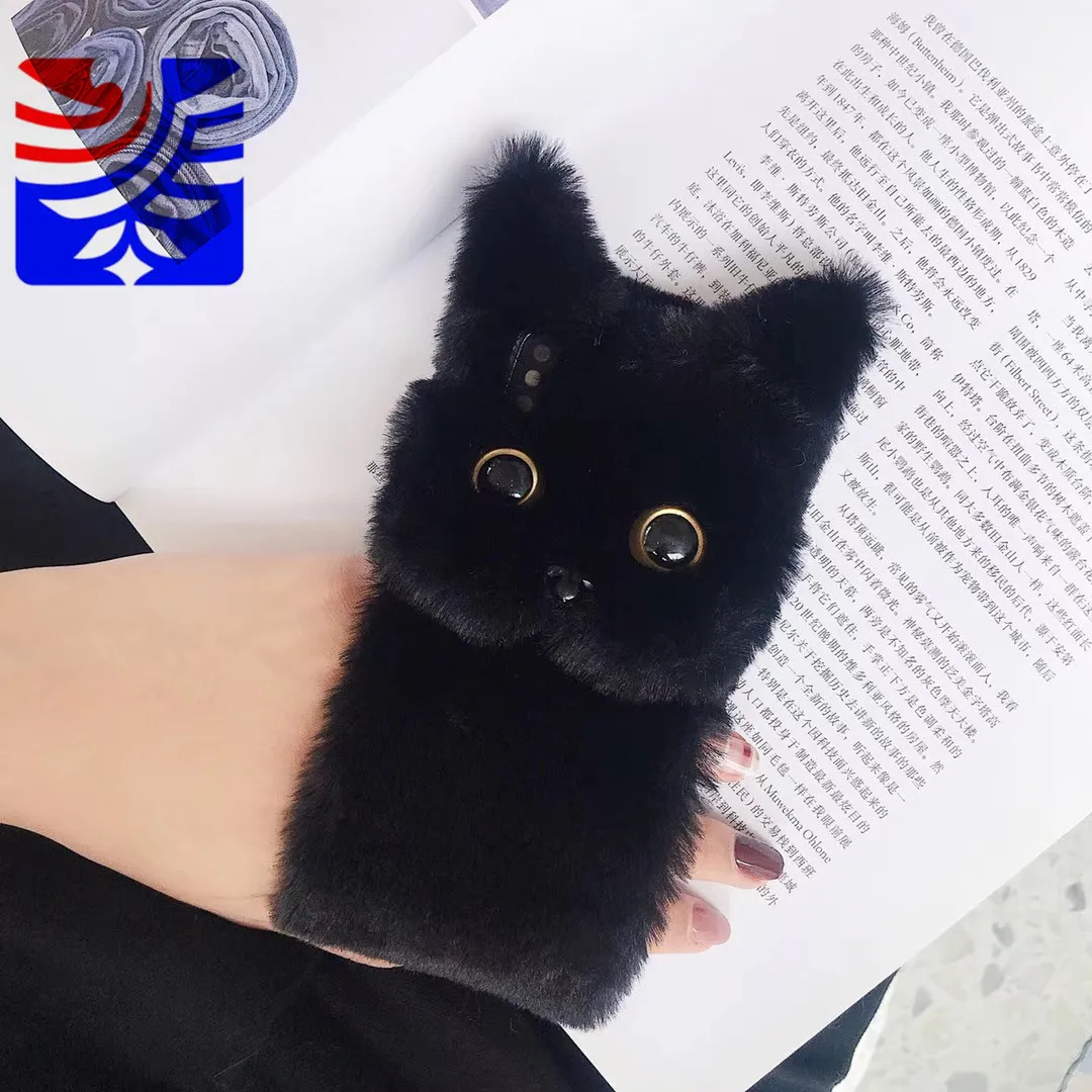 PEIPENG 3D милый животный плюшевый собачий Пушистый Теплый Меховой чехол для телефона для iPhone 7 Plus силиконовый чехол для iPhone X XS Mas 8 7 6 6s Plus XR - Цвет: Black cat