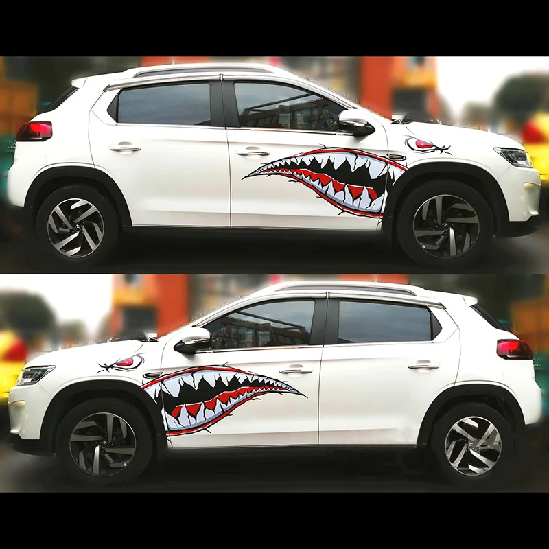 

Pair Funny Modified Fiercely Shark with Eyes Decal Graphics Vinyl Overlay Wrap Kit for Benz Smart Bmw MINI