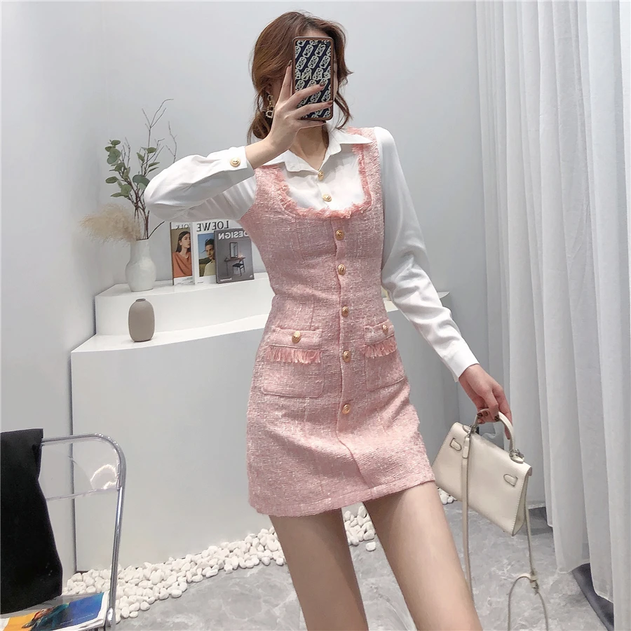 FREE SHIPPING Sweet Pink Tassel Bodycon Dress Two Piece Tweed Mini Dress JKP5880