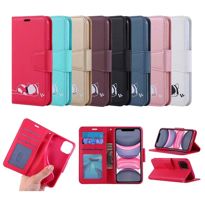 

Cat Pattern Case For iPhone 11 Pro Max PU Leather + Same Color Soft TPU Stand Flip Card Slot Case Cover