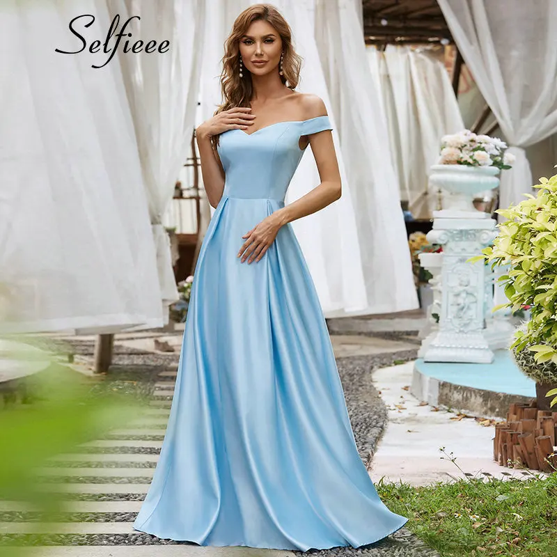 Women Dresses Robe Femme A-Line Satin Long Party Off-The-Shoulder Elegant Summer Fashion
