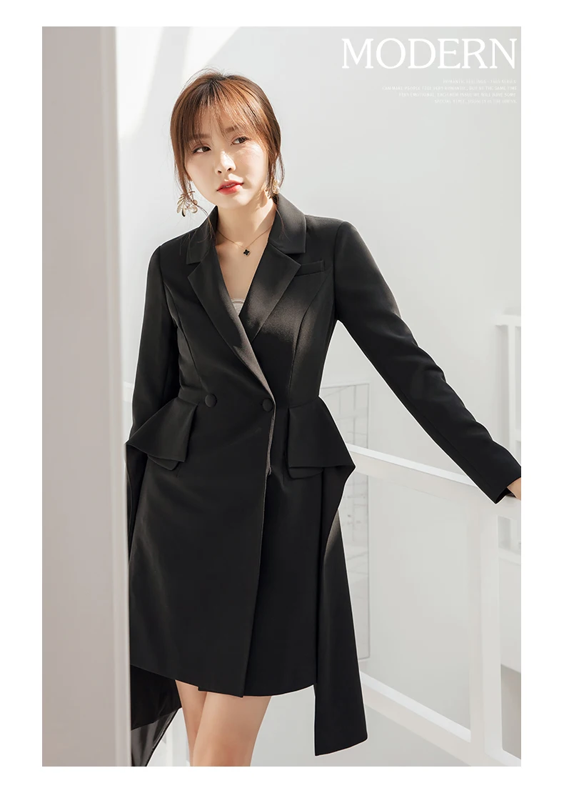 YIGELILA, осень, Новое поступление, черное платье, отложной воротник, с покетами, короткое, офисное, женское, двубортное платье 65277
