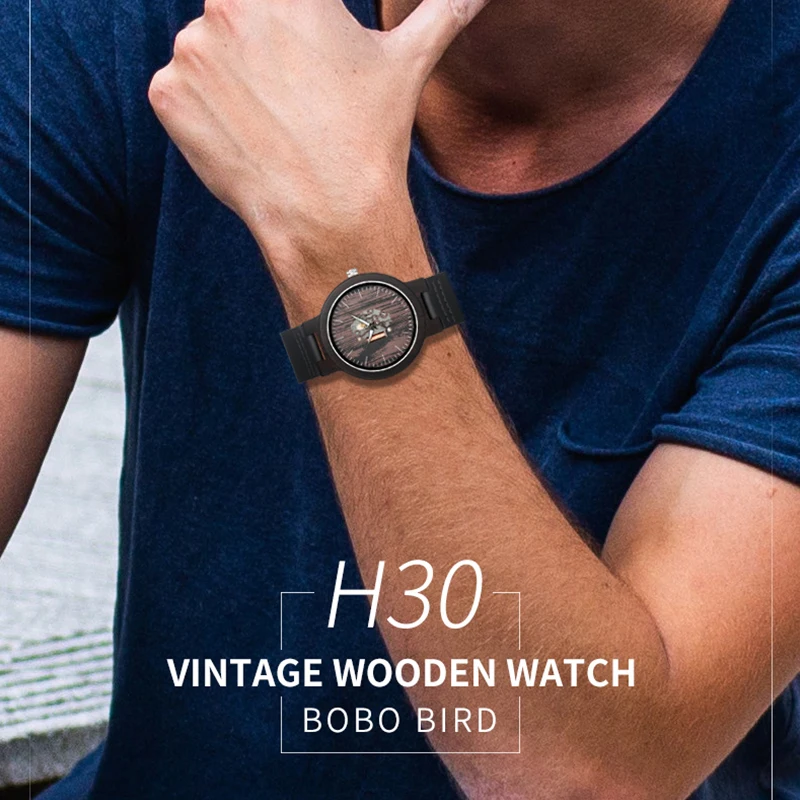 BOBO BIRD часы мужские деревянные повседневные черный кожаный ремешок из воловьей