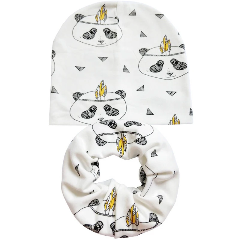 Новая модная детская шапка с героями мультфильмов на весну, осень и зиму, комплект для мальчиков и девочек, шарф с шеей, теплые шапки, детские вязаные шапки, комплекты, хлопковая детская шапка, шарф - Цвет: Panda A