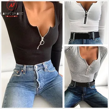 

Elegant Women Spring Autumn Pullovers Top Zipper Decor V-Neck Long Sleeve Solid Color Slim Pullovers T-Shirts for Streetwear