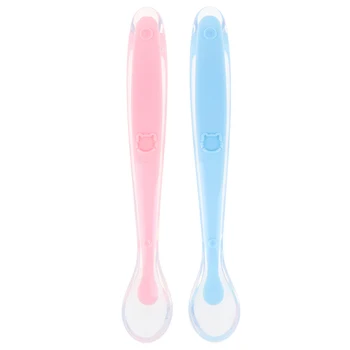 

2pcs+box Baby Silicon Spoon Baby Safety Temperature Heat Sensing Thermal Feeding Spoon Kids Children Flatware Feeding Spoons