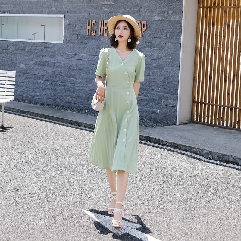 

Princess Women's Dress 2020 Spring Fashion Office Lady V-Neck Tunic Buttons Up Long Sleeve Mid-Calf Length Green Dress