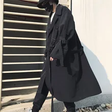 Мужской уличный стиль панк хип-хоп Свободный Длинный Тренч с лентами пальто весна осень Мужская Уличная мода ветровка куртка