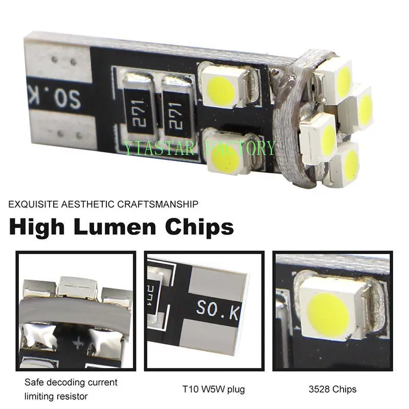 Yiastar 500 шт./лот canbus T10 8SMD 3528 1210 светодиодный Canbus НЕ OBC Error 194 168 W5W T10 светодиодный canbus интерьерные лампочки белого цвета