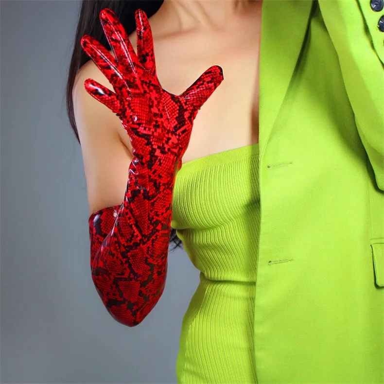 Snakeskin Extra Long Gloves 60cm Patent Leather Faux Leather PU Shine Leather Animal Pattern Python Red Female PU151