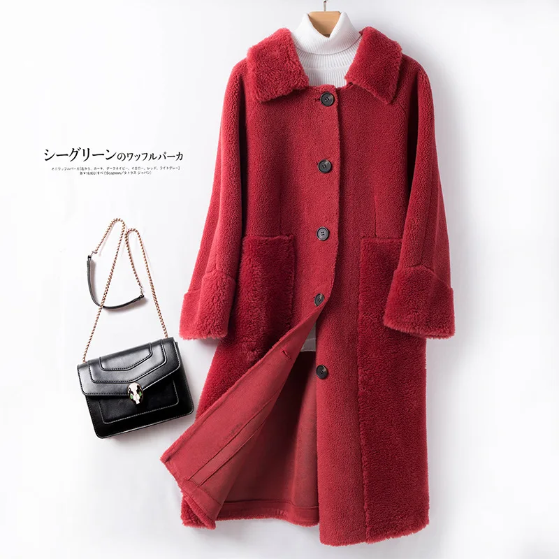 Осеннее и зимнее новое шерстяное пальто женское модное меховое свободное женское длинное пальто с одним отворотом - Цвет: Grapefruit red