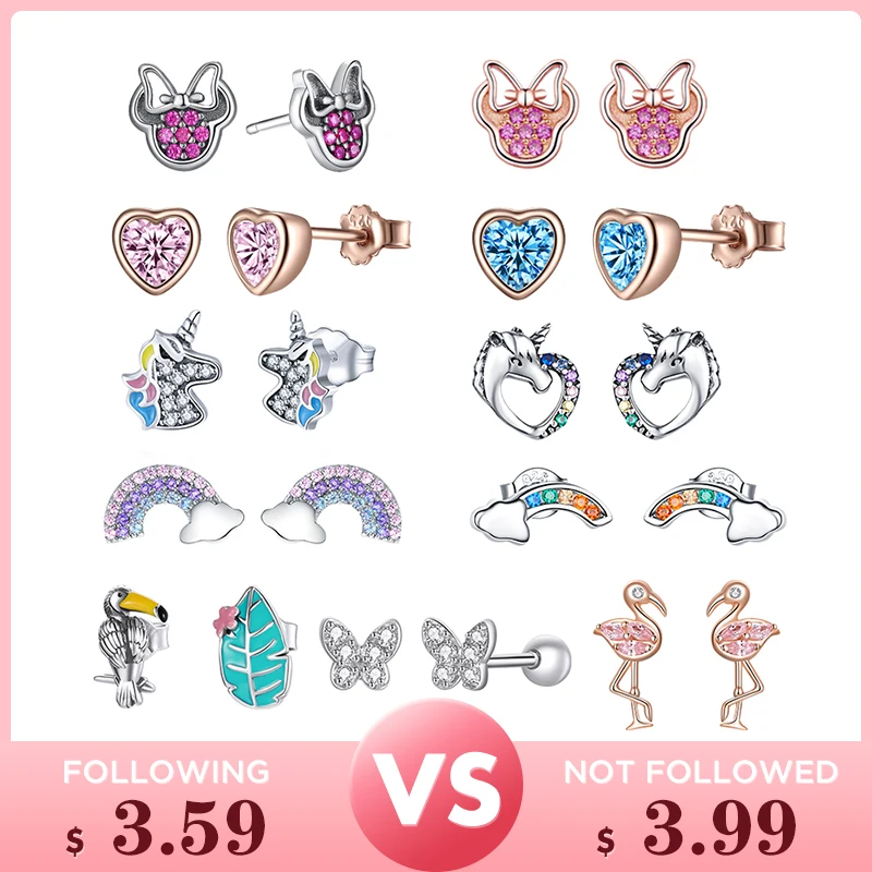 BISAER, venta al por mayor, pendientes de plata de ley 925 para mujer, ratón de dibujos animados, Gato Delfín, plata brillante Minnie 925, joyería