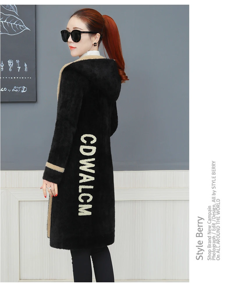 HANZANGL Women cardigan coat winter new fashion hooded thick gold velvet Jacket Long Sweater Coat beige/black/caramel/khaki