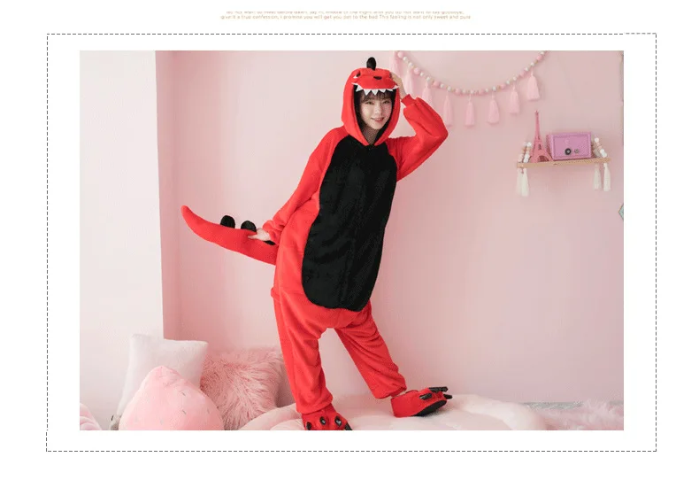 Woman Dinosaur Kigurumi Onesies Costumes Adult kids Hooded animal cartoon pajamas red Dinosaur home lovers long sleeve Jumpsuits