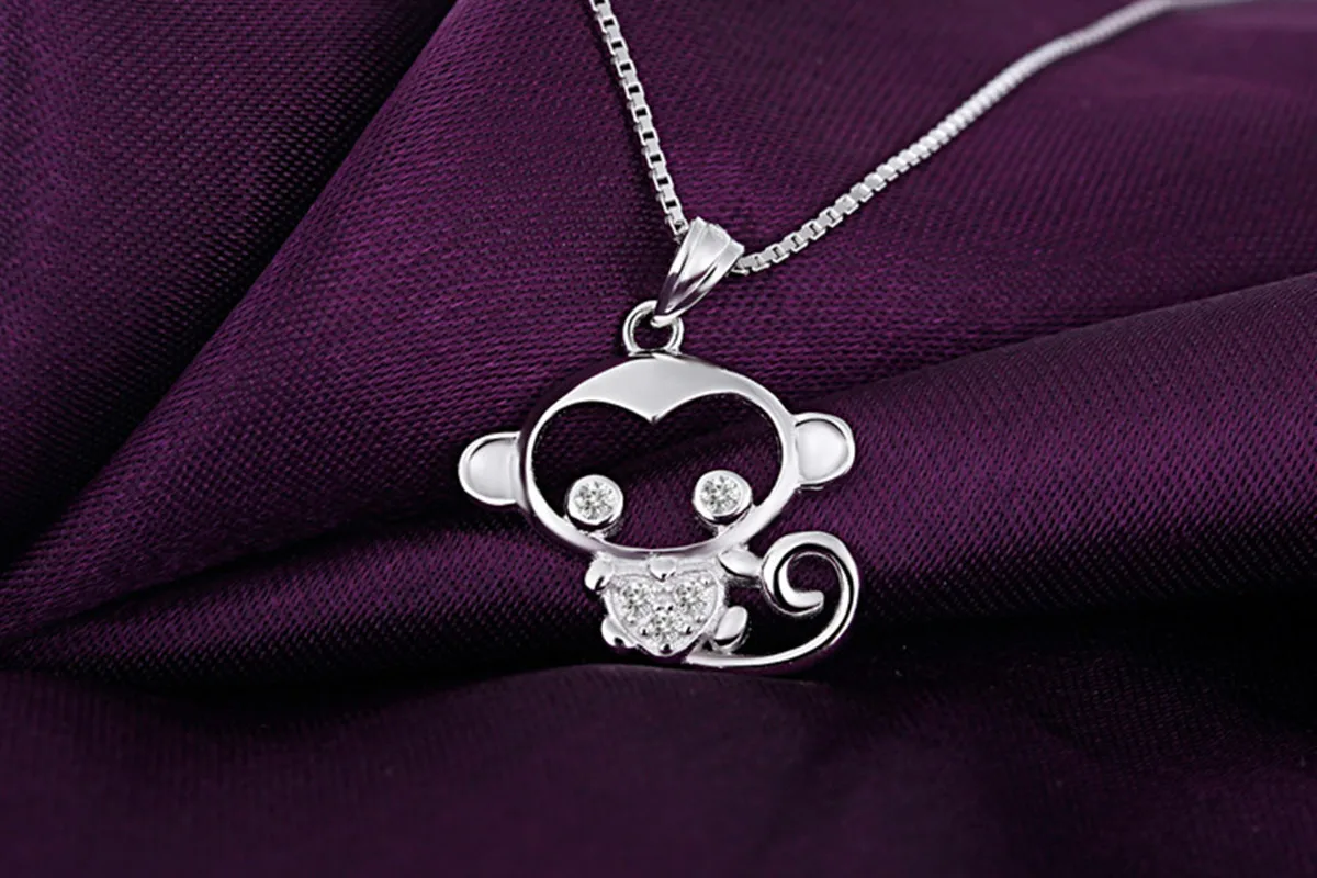 925 Sterling Silver Zodiac Monkey Year Pendant Playful Monkey Necklace Playful Zircon Crystal Love Necklace