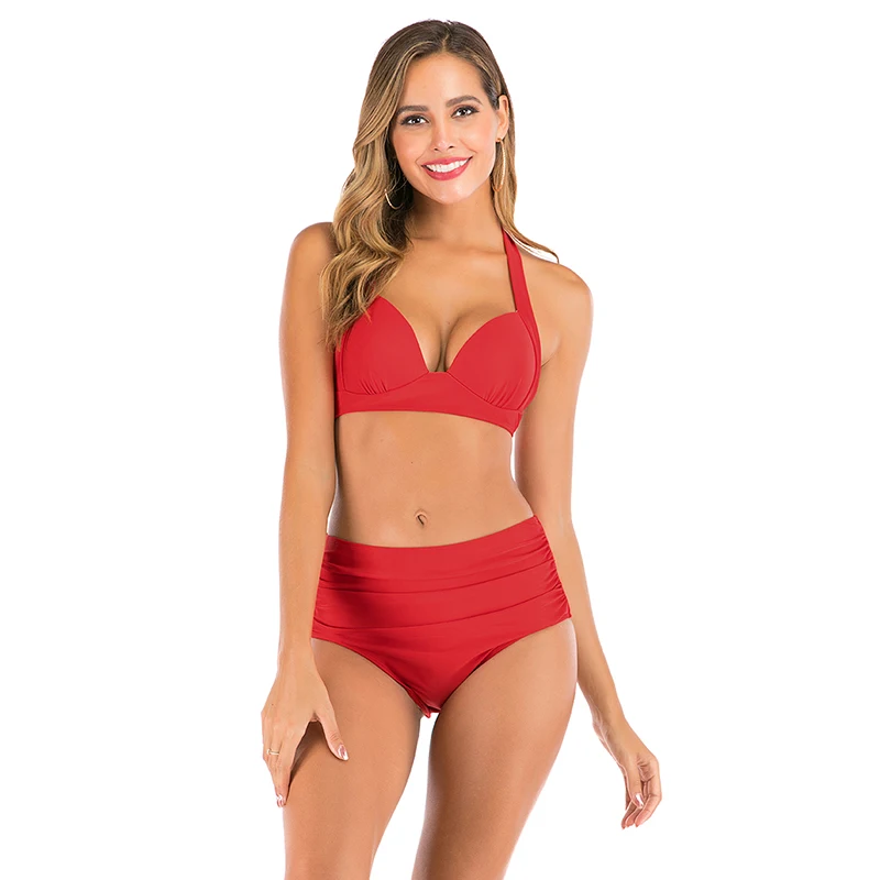 New Sexy High Waist Bikini Women Solid Color Swimsuit Plus Size Swimwear Plus Size S-3XL Girl Push Up Halter Bikini Set