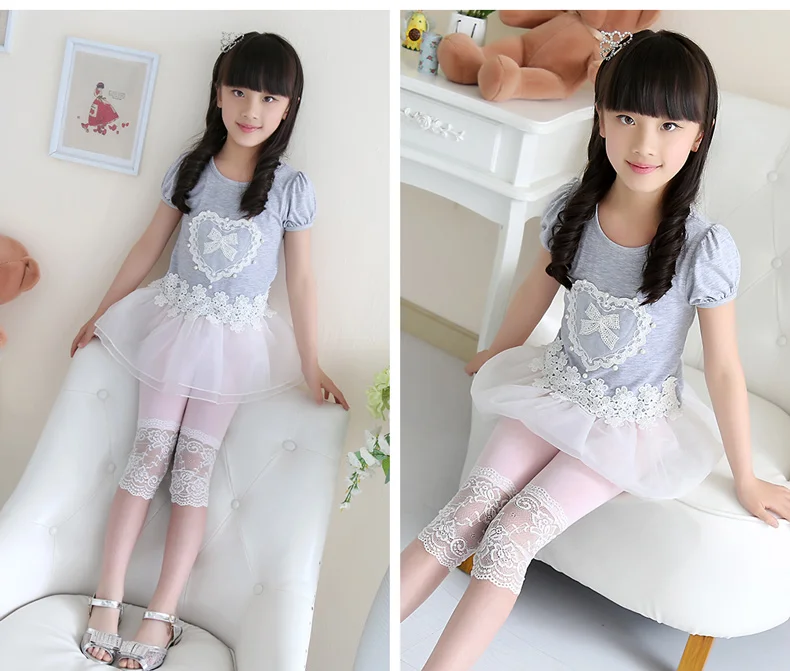 High Quality 2021 New Summer Girls Leggings Pants Lace Cotton Children Clothing Flower Girl Knee Pants