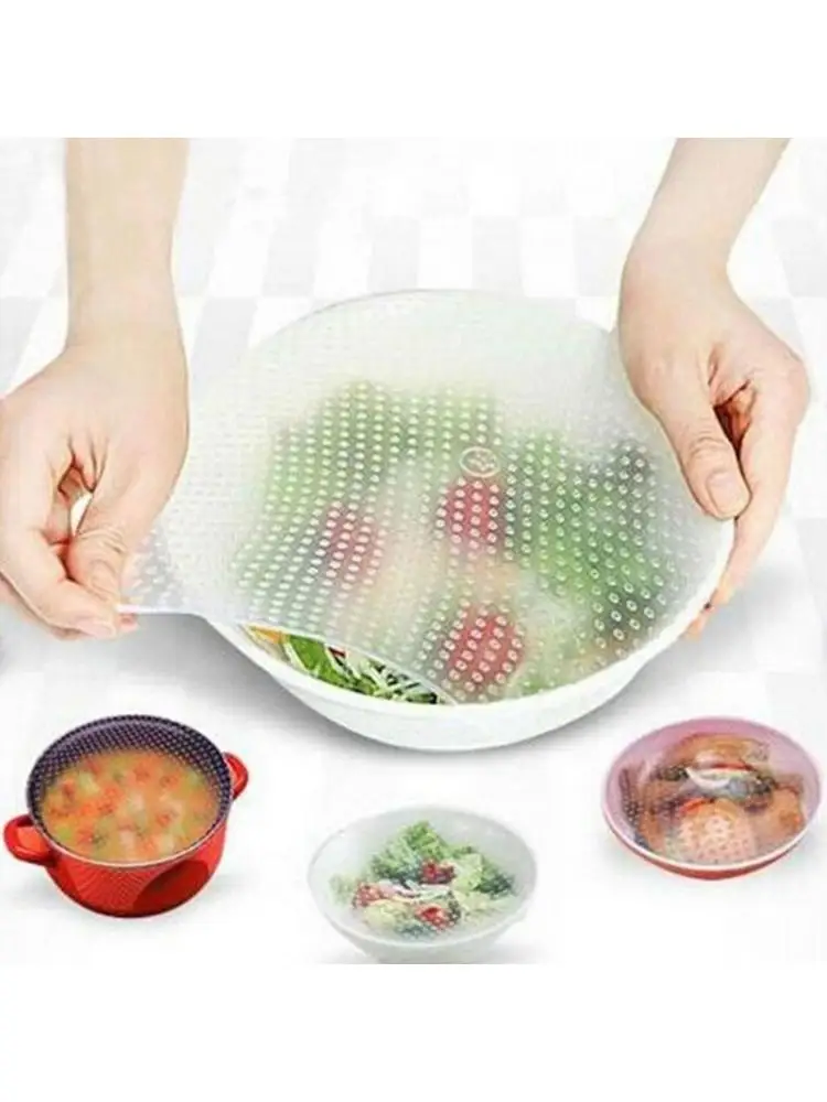 

4 Pcs Reusable Silicone Food Wrap Cling Film Transparent Saver Lids Seal Cover