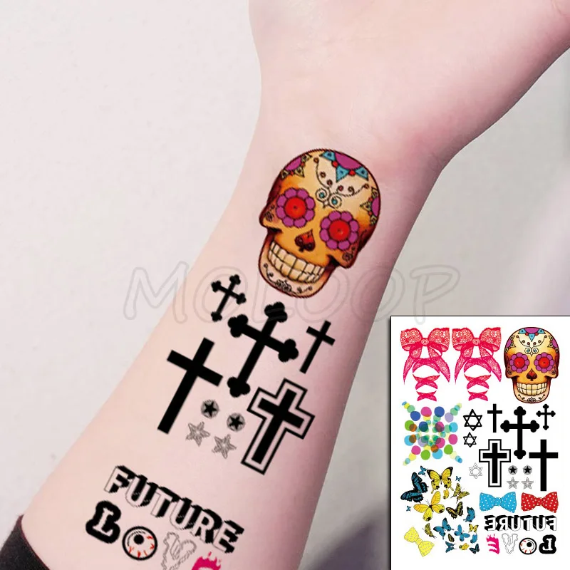 

Silk Ribbon Skull Cross Rosette Letter Tattoos Stickers Women Body Waist Arm Art Tattoos Temporary Girls Butterfly Tatoos Chains