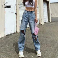 Золотые стрелки шаровары отверстие синие джинсы черные из денима для женщин корейский стиль Высокая талия Свободные рваные джинсы Уличная мода Карманы