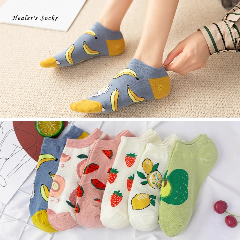 

Hot Funny Fruit Women Socks Cotton Happy Peach Banana Lemon Strawberry Harajuku Classic Fashion Soft Kawaii Girls Ankle Sockis