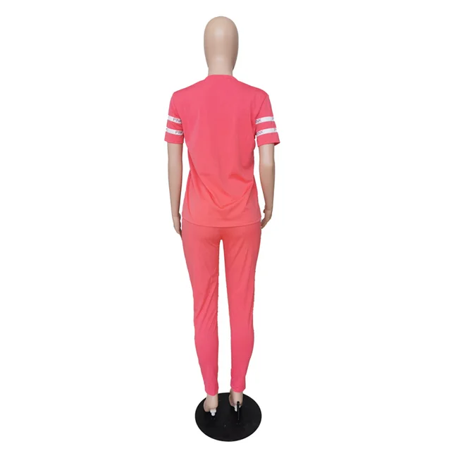 Women Sexy Two Piece Set Pink Letter Print 2 Piece Pink Outfits Short  Sleeve T Shirt+Jogger Set Casual Sports Tracksuit 3XL