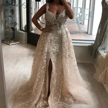 Легкий кремовый цвет русалка вечернее платье длинный кружевной ремень цветок кристалл платье с бисером для выпускного вечера со съемным шлейфом халат de Soiree