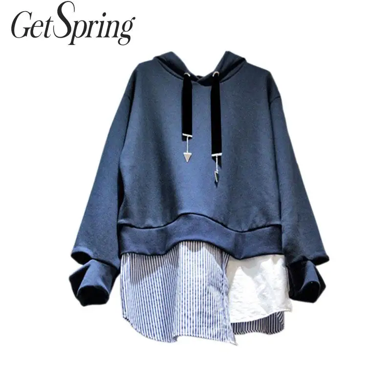 

GETSPRING Women Sweatshirt Patchwork Stripe Color Matching Pullovers Hoodies Women Asymmetry Fake Two Casual Sweatshirt 2019 New