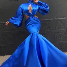 Синие вечерние платья из двух частей, длинное вечернее платье с высоким воротником и длинными рукавами, вечернее платье русалки, вечерние платья