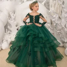 

2021 Luxury Green Lace Flower Sheer Long Sleeves Girls Dresses Communion Dresses Appliques Beads Tiered Ball Gown Pageant Dress
