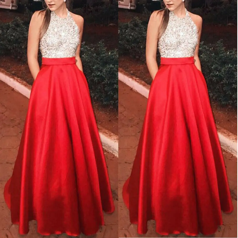 

Women Ladies Long Chiffon Lace Sequin Evening Formal Party Ball Gown Prom Maxi Dress