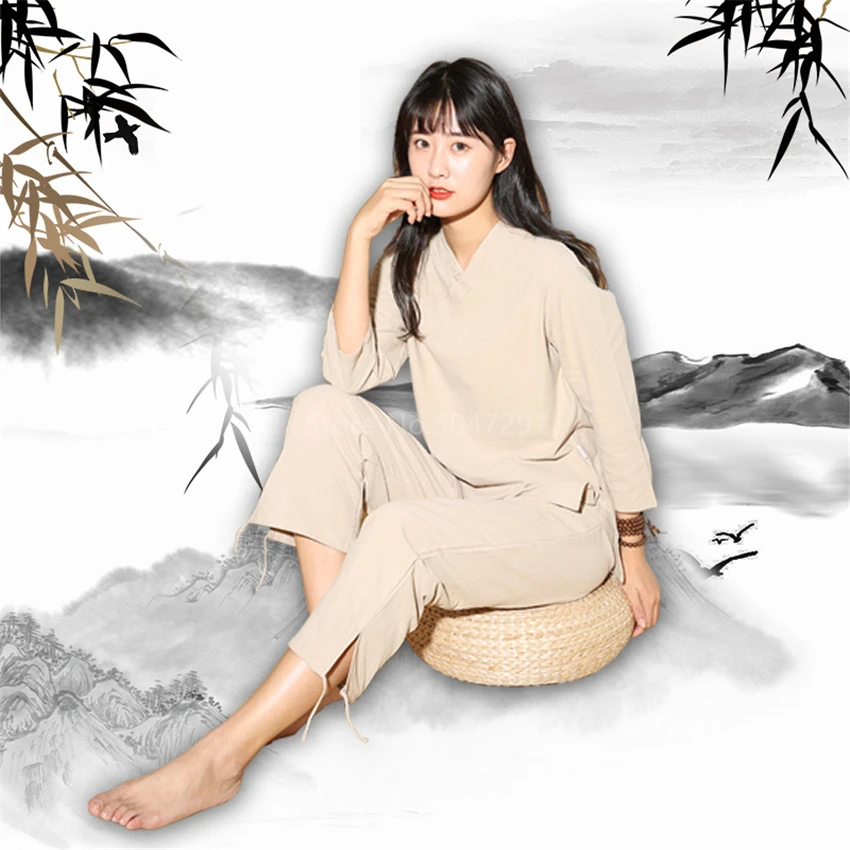 Женский Традиционный китайский комплект одежды штаны для йоги льняная рубашка