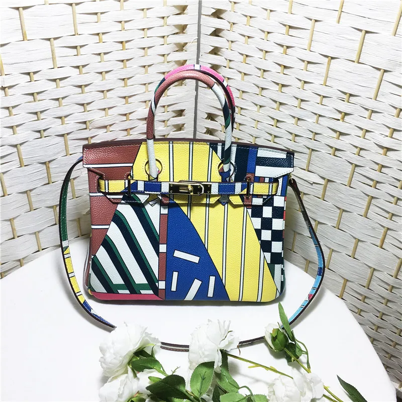 

High Quality Print graffiti Ladies Handbag Genuine Leather Woman bag Litchi Grain Cowhide Portable Atmosphere Shoulder Satchel