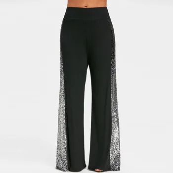 

JAYCOSIN Pants Fashion Womens Casual Wide Leg Pants Gradient Sequins Insert Maxi Trousers Loose Full Length stacked sweatpants