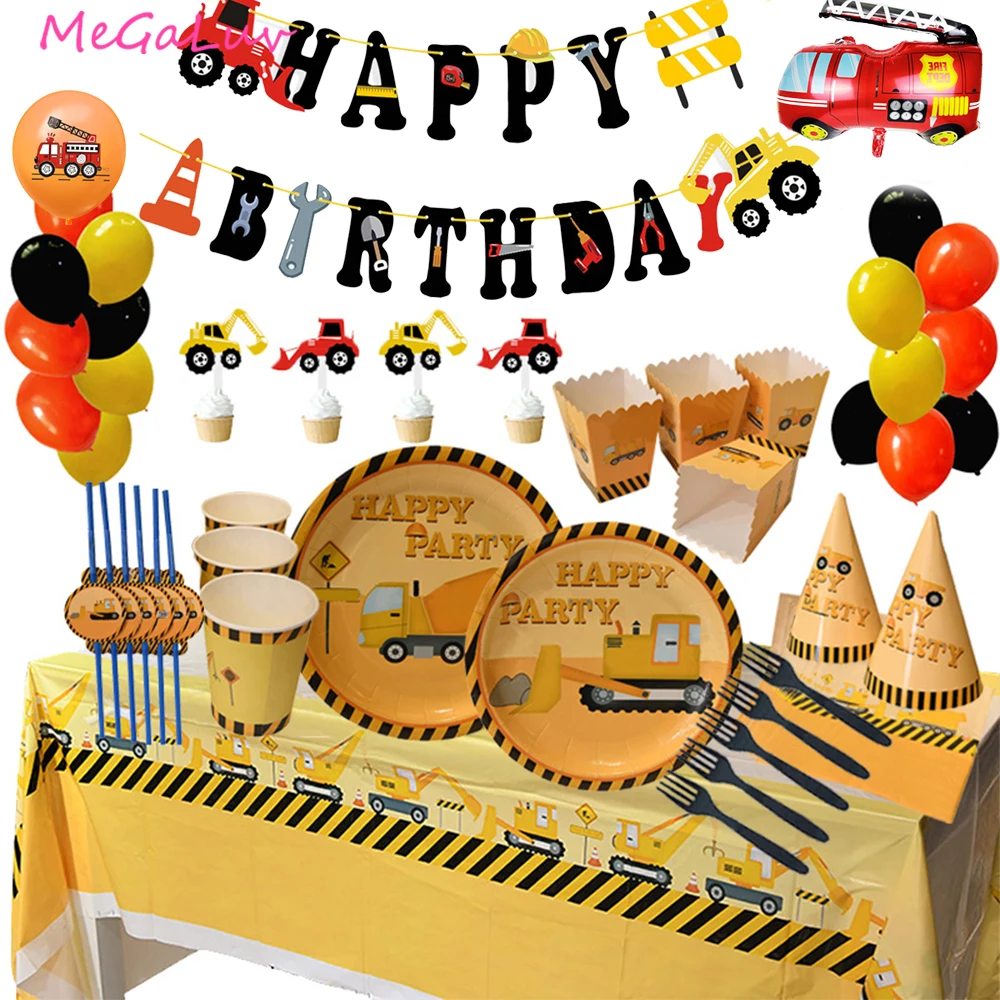 

Construction Theme Party Disposable Tableware Plate Excavator Birthday Cake Hat Banner Pull Flag Baby Shower Party Decoration
