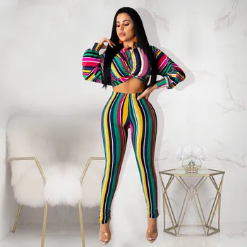 

Women Striped Print 2 Piece Sets Summer Long Puff Sleeve Crop Top Bodycon Pants Suit Sexy Club Womens Fashion Casual Outfits