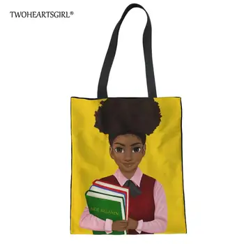 

Twoheartsgirl Art African Women Canvas Bags Eco Reusable Shopping Bags Foldable Shoulder Bag Girls Casual Afro Handbag Tote