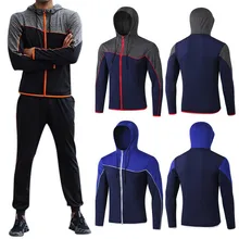 Мужские тонкие пальто на молнии и брюки, дышащий спортивный костюм для фитнеса с карманом, быстро высыхающий свитер с капюшоном и длинным рукавом