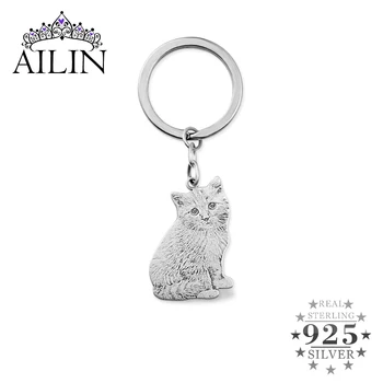 

AILIN 925 Silver Keychain Personalized Photo Engraving Keychain Pet Cat Keychain Custom Pet Photo Jewelry Friends Gift
