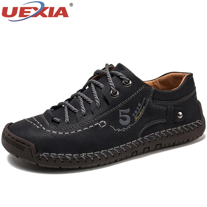 UEXIA Men Shoes Microfiber Leather Hand Stitching Non-slip Comfort Walking Sneakers Handmade Soft Casual Flats Driving Footwear