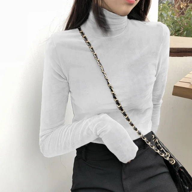 Women T-Shirt  Soft Fleece Velvet Turtleneck Shirt Solid Long Sleeve Autumn Fitness Vintage Girls Bottom Tops Women Clothing white