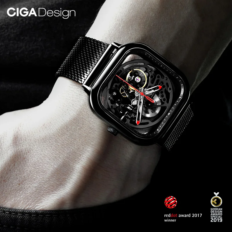 CIGA Design 손목시계, 오토매틱시계, 디자인 스켈레톤 자동 기계식 시계, 316L 스테인리스 스틸, 풀 할로우 손목 시계, 스테인리스 및 가죽 스트랩