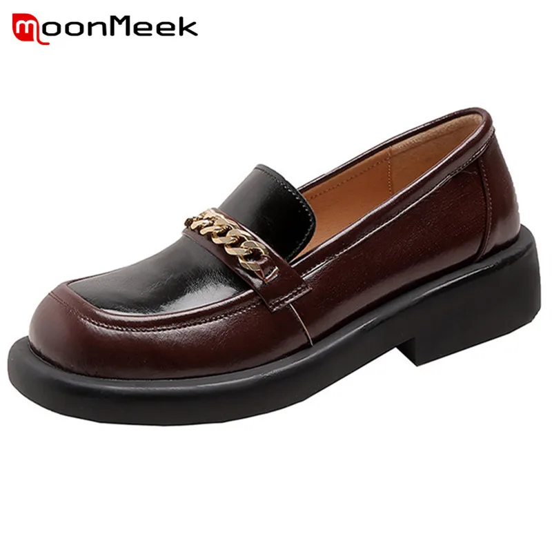 

MoonMeek 2022 New Arrive Genuine Leather Shoes Women Flat Shoes Vintage Loafers Chain Round Toe Mixed Colors Casual Shoes Woman