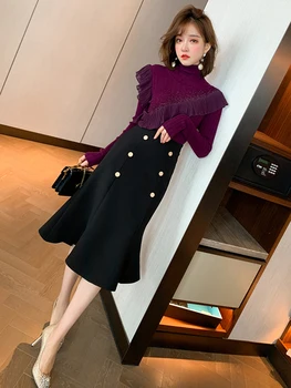 

Turtleneck ruffled diamond sweater + high waist mermaid skirt suit women's autumn/winter 2020