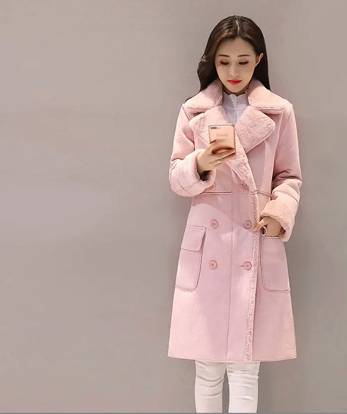 Женское замшевое меховое зимнее пальто, модное плотное длинное пальто из искусственной овчины, пальто для женщин, однотонный теплый Тренч