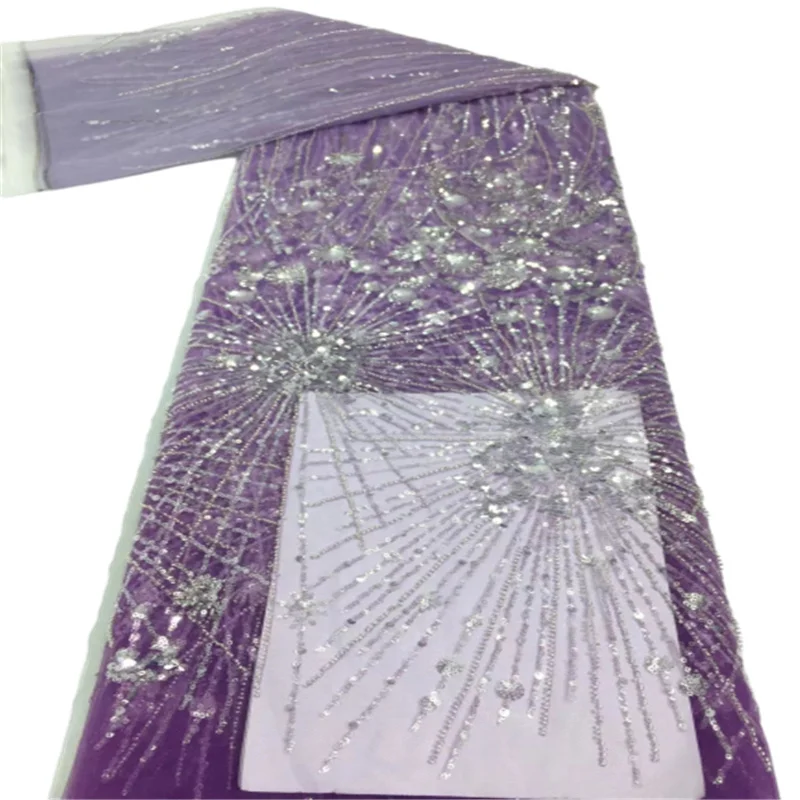 

2021 Latest Tulle Lace Fabric High Quality Purple Fashion Net Fabric with Sequin French Lace Fabric