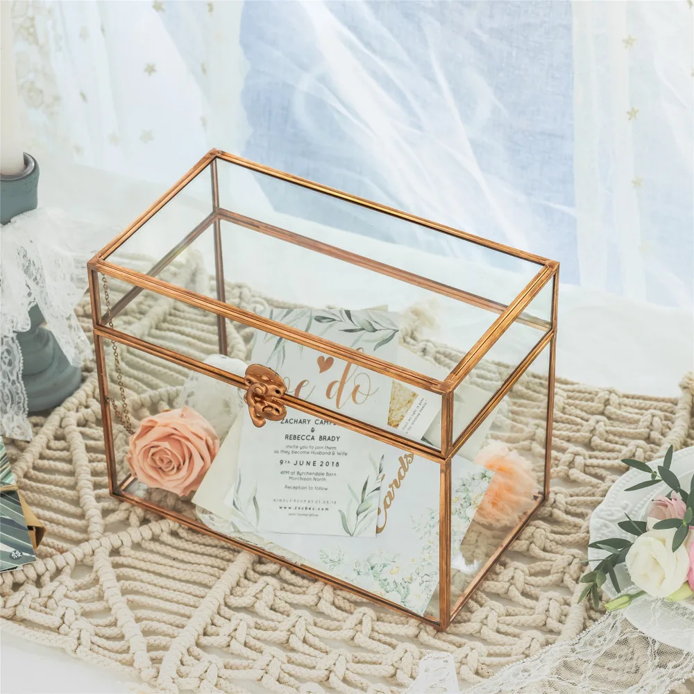 Pure Copper Medium Geometric Glass Card Box Terrarium Foot Latch Rose Gold Handmade Rectangular for Wedding Receiption Wishwell