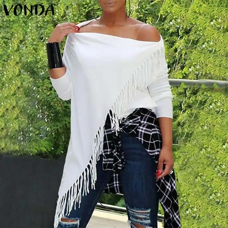 VONDA, Сексуальная Блузка с открытыми плечами для беременных, весна-осень, рубашки с рукавом «летучая мышь», повседневные свободные однотонные топы с кисточками, винтажные Блузы