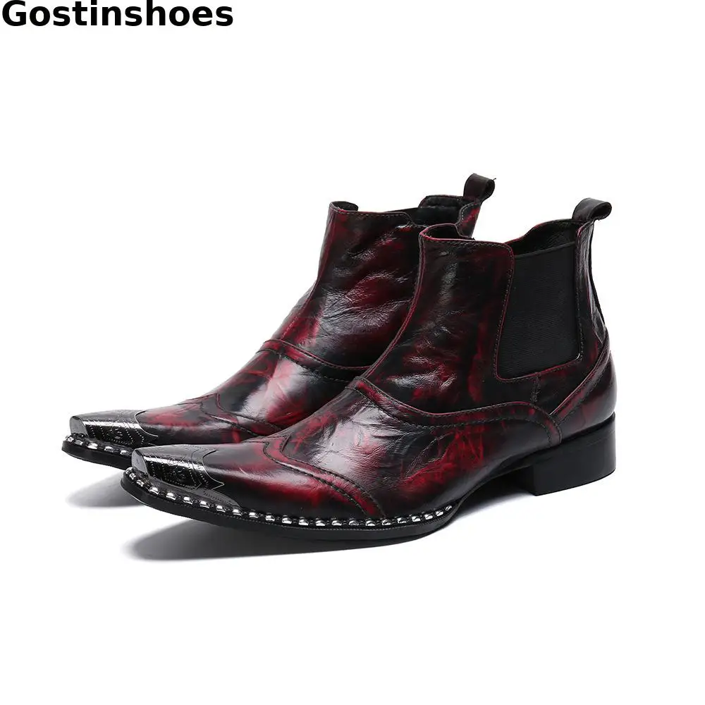

Luxury Men Boots Genuine Leather Men Casual Short Ankle Boots Wing Tip Pointed Toe Metal Cap Slip On Men Leather Boots Side Zip